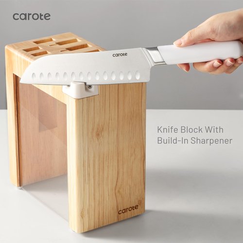 CAROTE 14PCS Knife Set with Acrylic Block, Kitchen Knives with Built-in Sharpener, Cutlery Set with High Carbon Stainless Steel Sharp Blade, Dishwasher Safe, White