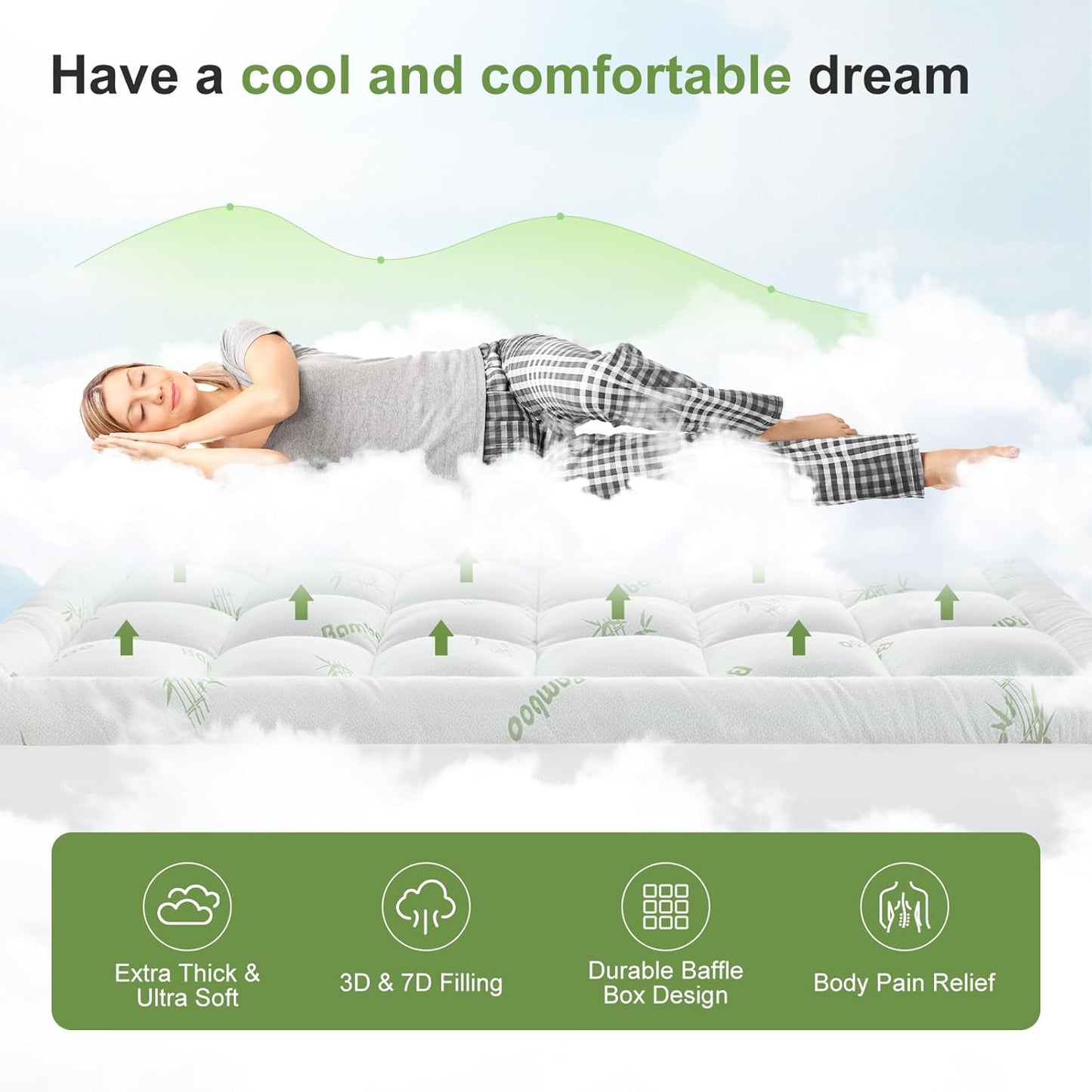 Skiennix Queen Size Mattress Topper - Soft Bamboo Viscose Pillow Top for Back Pain Relief | Cooling Protector, White