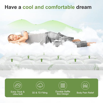 Skiennix Queen Size Mattress Topper - Soft Bamboo Viscose Pillow Top for Back Pain Relief | Cooling Protector, White