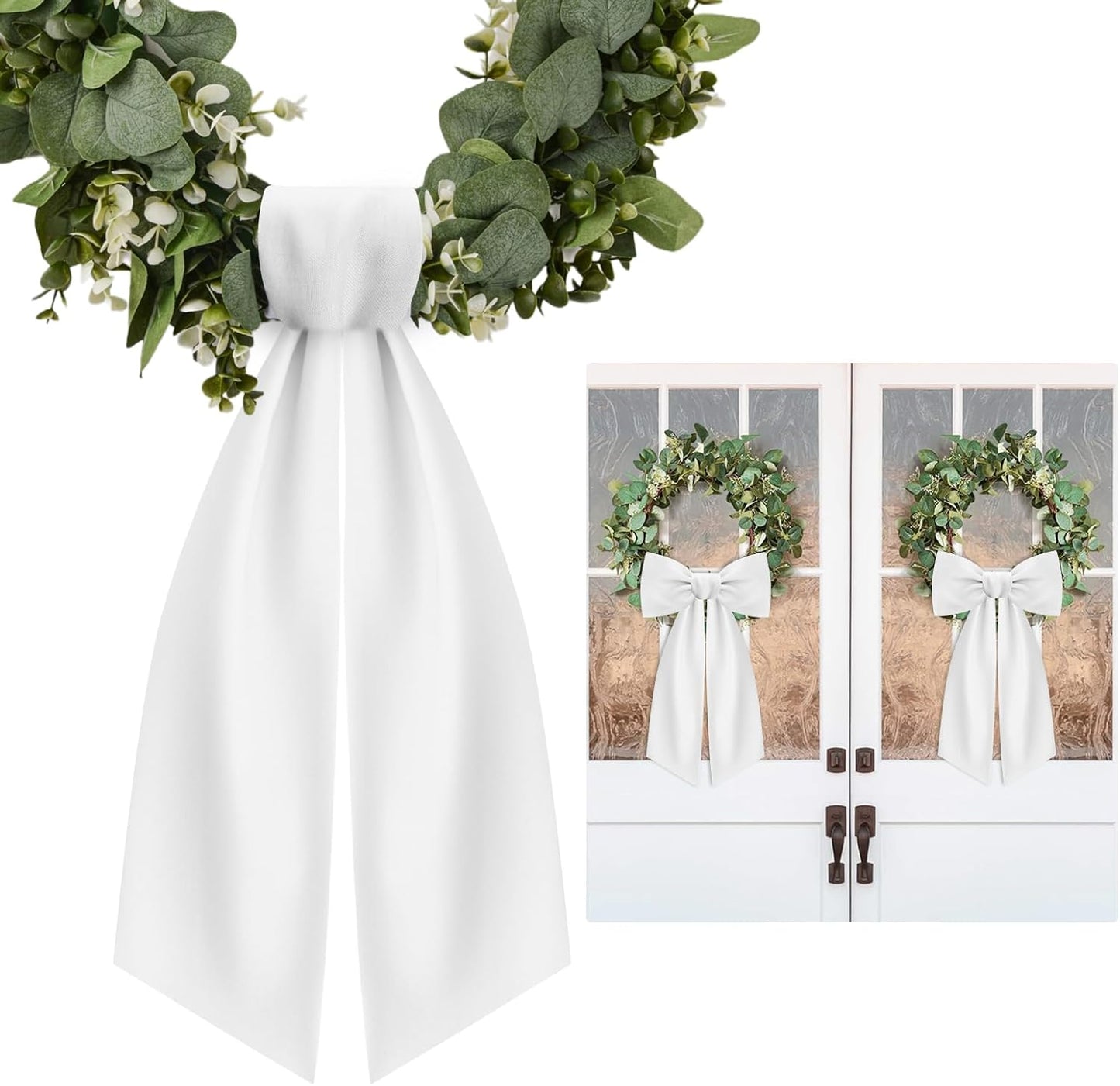 Skiennix White Wreath Sash - Elegant Linen Ribbon Bow for Front Door & Porch Decor | 2 Pcs Set
