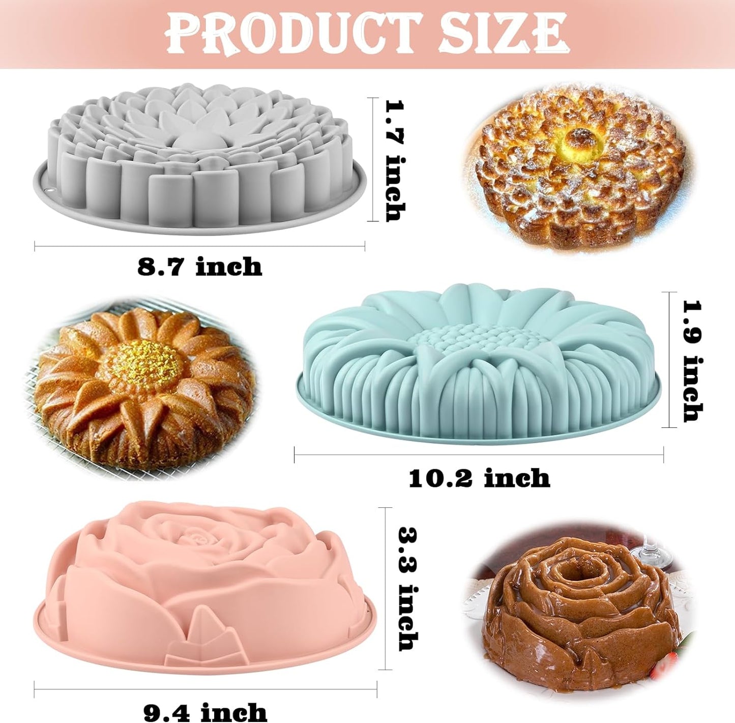Sakolla Silicone Cake Molds - 3 Pack Flower Shape Baking Molds for Cakes, Breads & Pies | Large Size