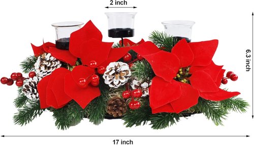 FORUP Christmas Centerpiece - Elegant Poinsettia Tabletop Decor with 3 Candle Holders for Home Parties