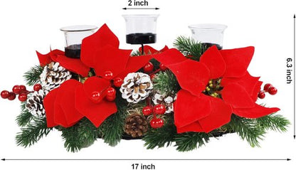 FORUP Christmas Centerpiece - Elegant Poinsettia Tabletop Decor with 3 Candle Holders for Home Parties