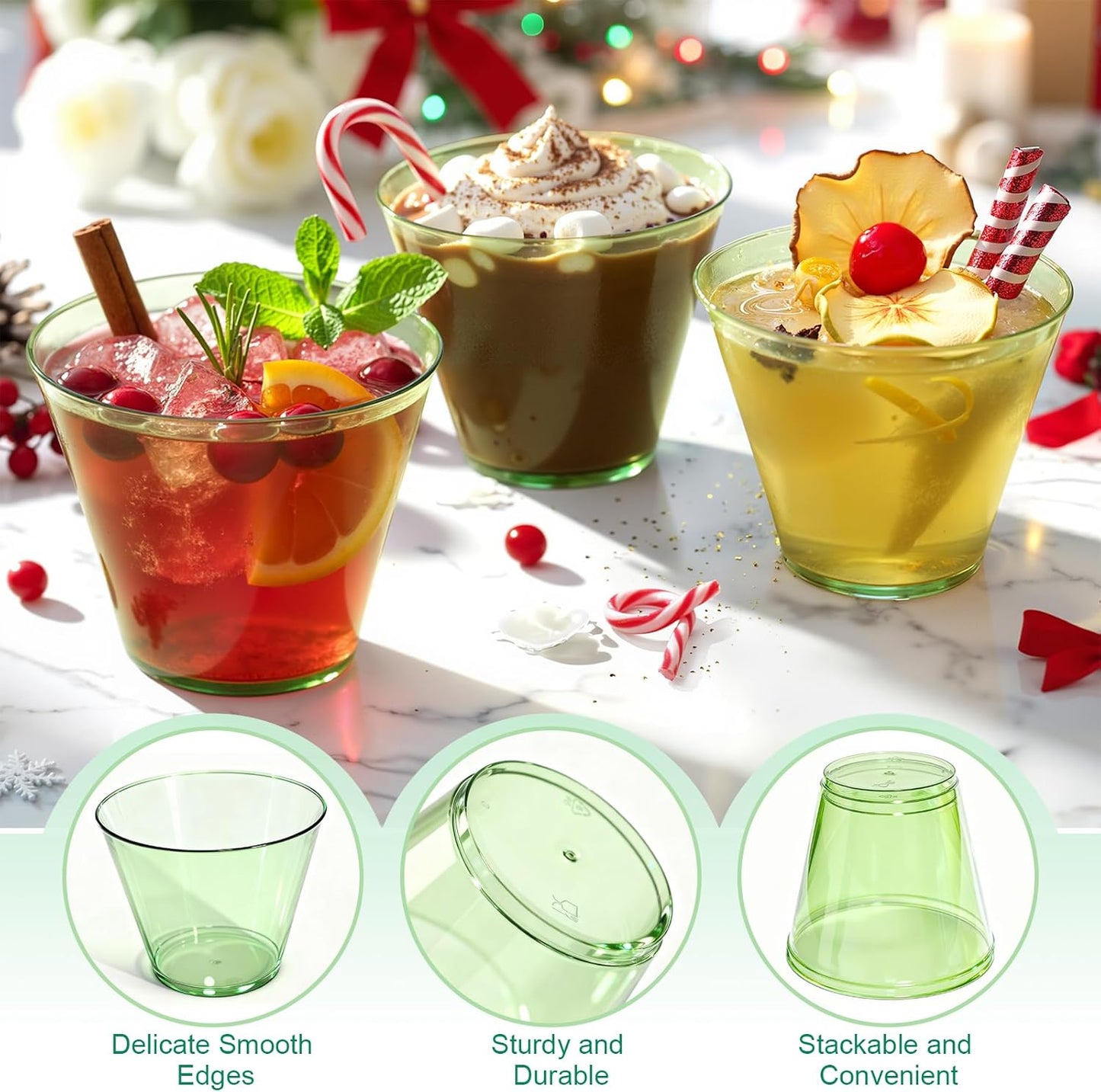 Skiennix 9 Oz Clear Plastic Cups - Green Disposable Cocktail Cups | 50 Pack for Parties & Events