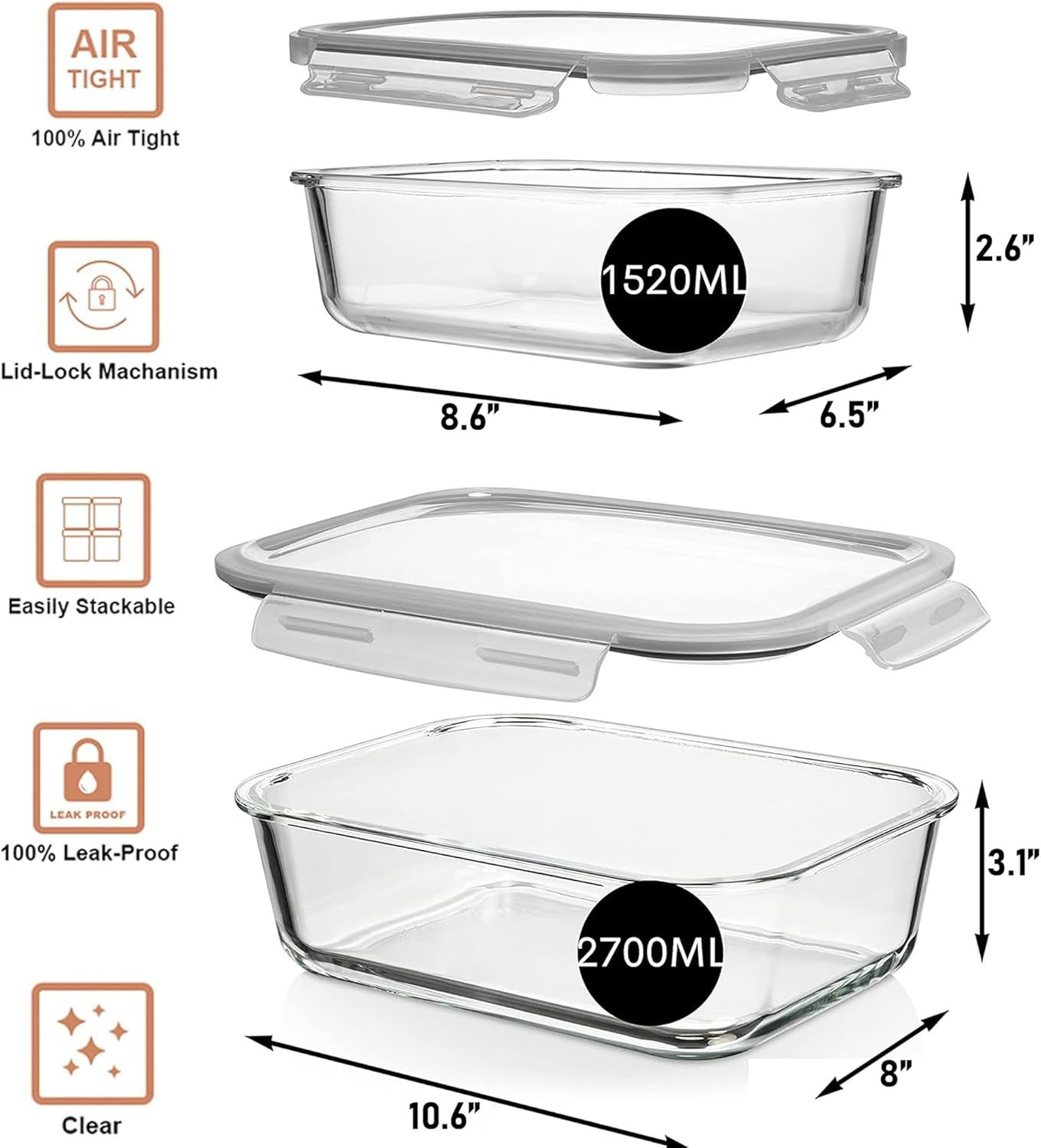 Razab Airtight Large Glass Food Storage Containers - BPA Free, Leak Proof, 4 Pc Set (2700ML & 1520ML)