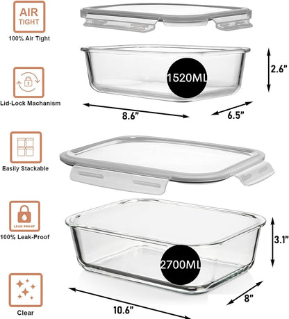 Razab Airtight Large Glass Food Storage Containers - BPA Free, Leak Proof, 4 Pc Set (2700ML & 1520ML)