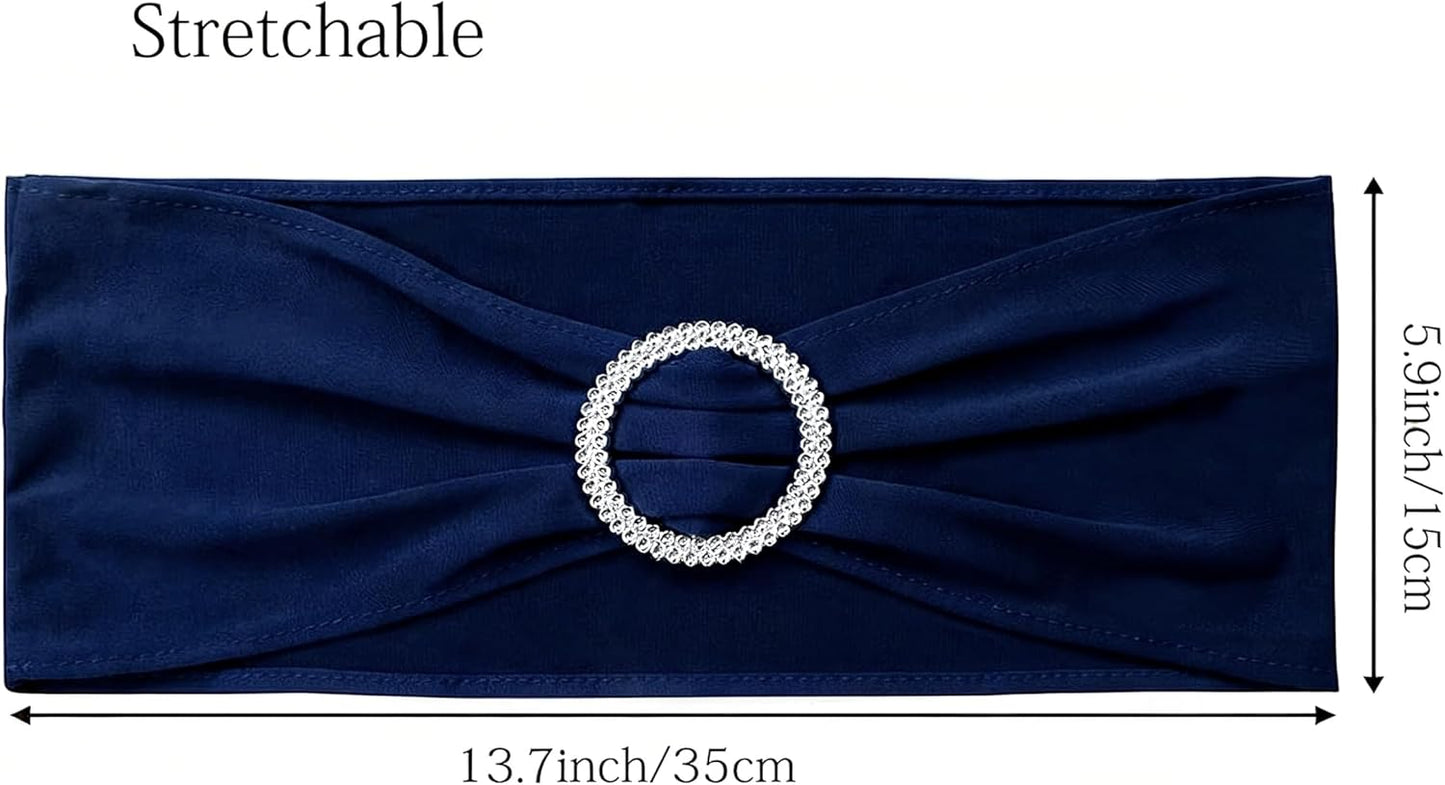 Skiennix 50 Pack Navy Blue Stretch Spandex Chair Sashes - Elastic Bows with Slider Buckles for Weddings & Events