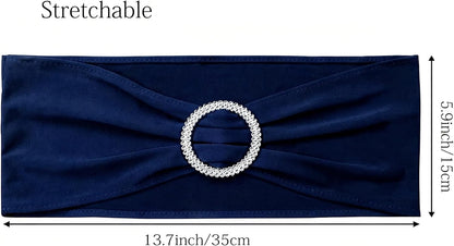 Skiennix Navy Blue Chair Sashes - 100 Pack Spandex Chair Bands with Buckles for Events & Parties