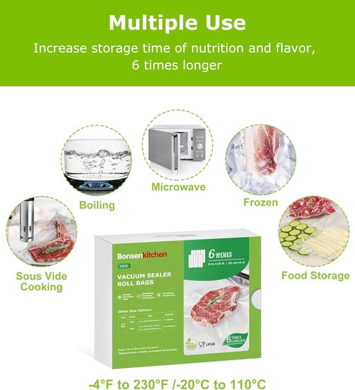 Bonsenkitchen Vacuum Sealer Bags - 6 Rolls, 8" x 16', BPA Free, Ideal for Food Storage & Sous Vide