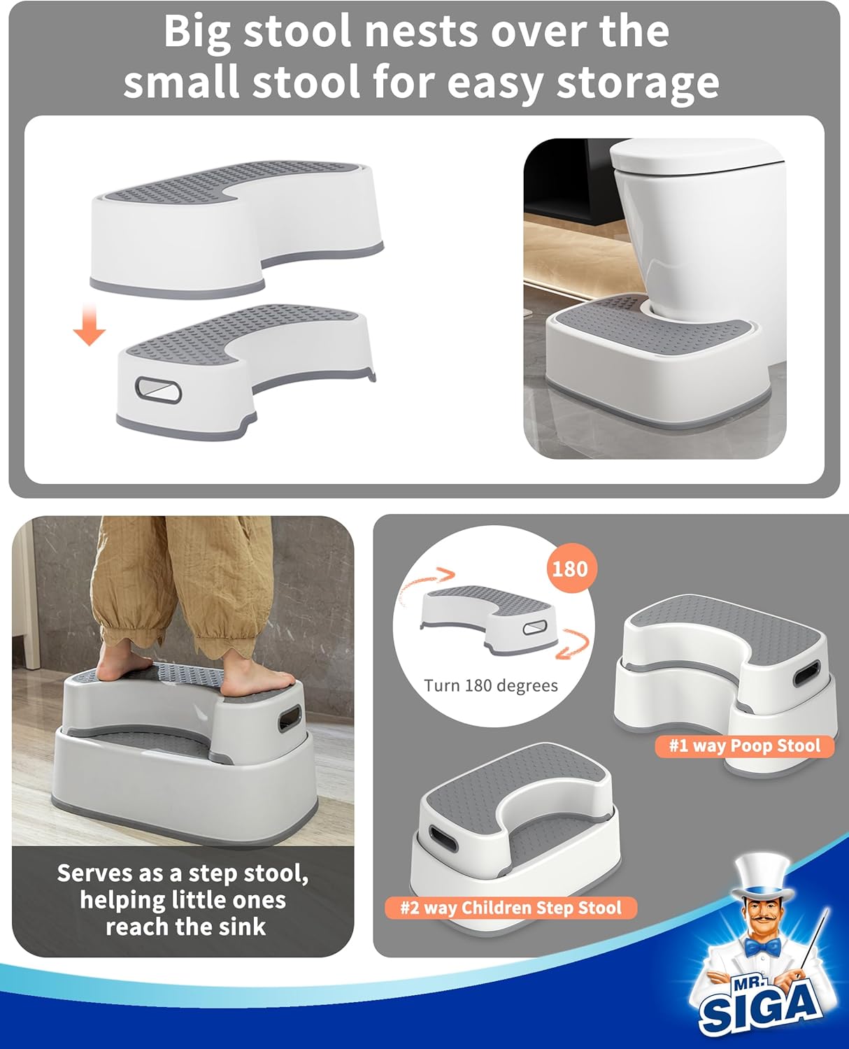 MR.SIGA Toilet Stool - Heavy Duty Squat Step for Adults & Kids | Anti-Slip Design in Off-White & Dark Gray