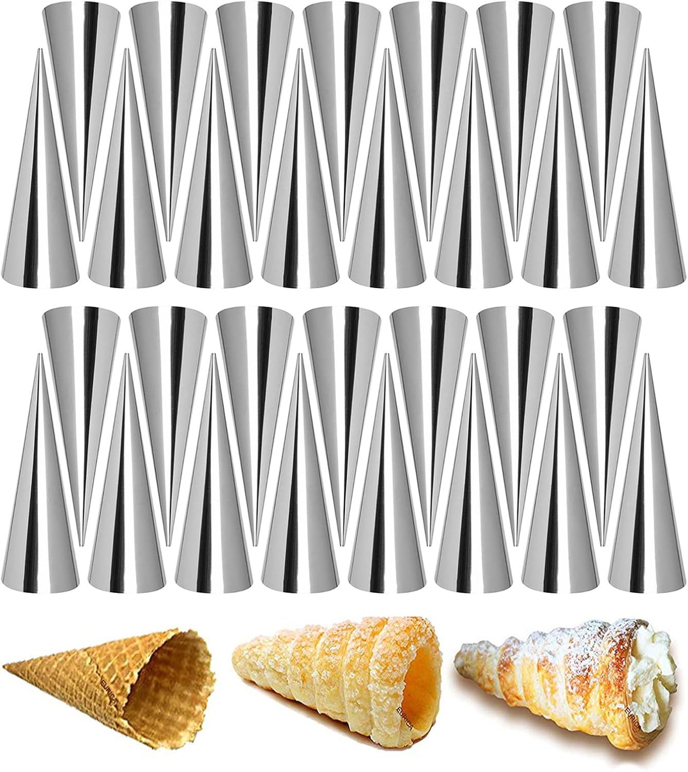 RoseFlower 30pcs Non-Stick Cream Horn Cones - Stainless Steel Cannoli Pastry Moulds Set for Baking