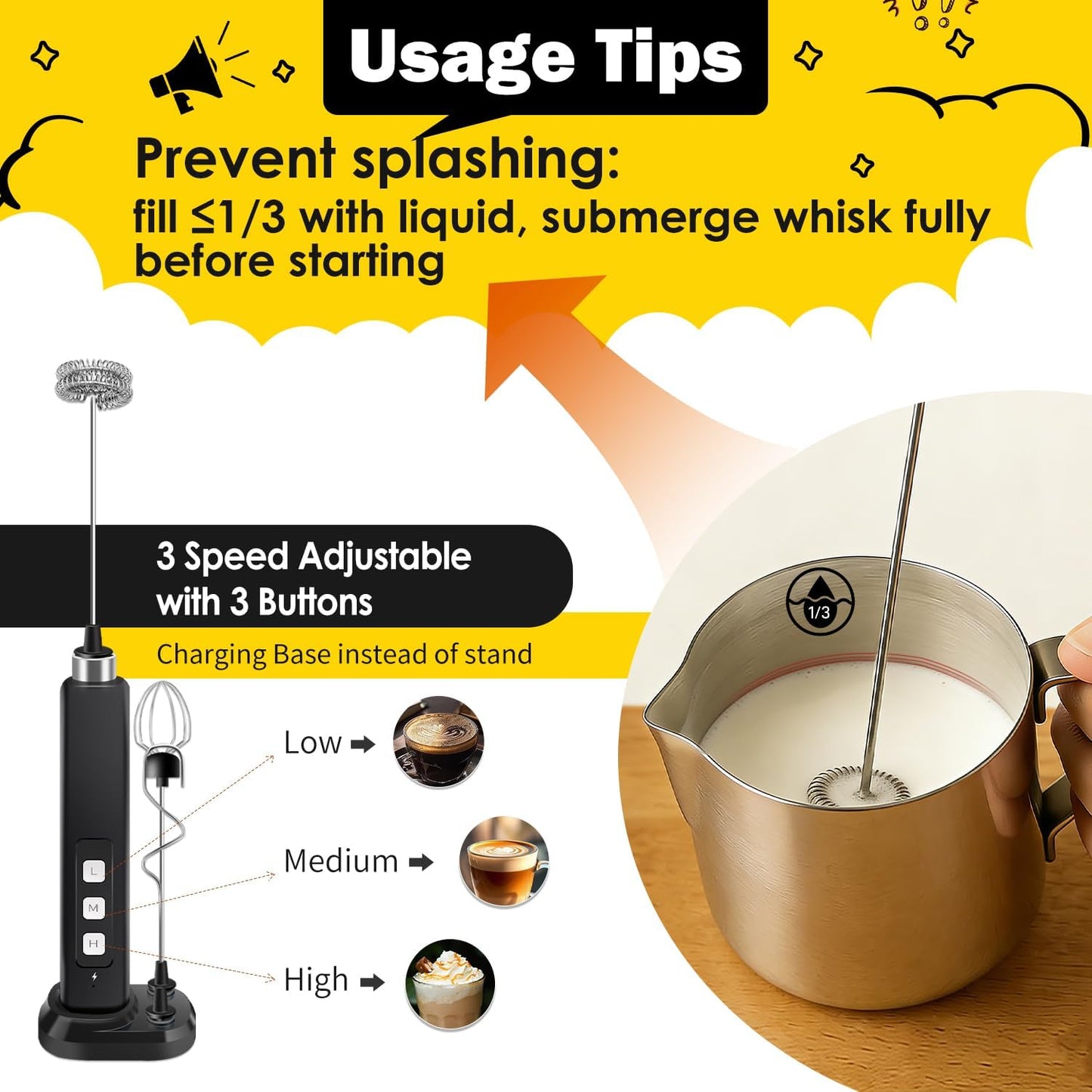Skiennix Rechargeable Milk Frother - Handheld Drink Mixer with 3 Speed Settings & Detachable Whisks | Perfect for Coffee, Matcha & Protein Shakes