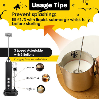 Skiennix Rechargeable Milk Frother - Handheld Drink Mixer with 3 Speed Settings & Detachable Whisks | Perfect for Coffee, Matcha & Protein Shakes