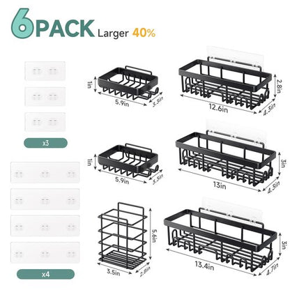 Veken Shower Caddy 6-Pack, Advanced Rustproof Design, No Drilling Adhesive Shelves, Rack with Soap Holder, Large Capacity Bathroom Organizers and Storage, Wall-Mounted Kitchen & Home Decor