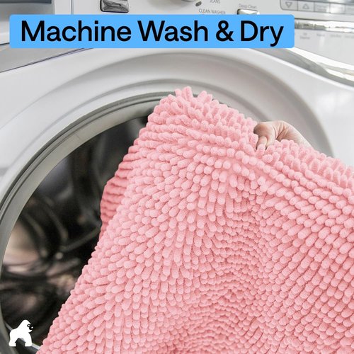GORILLA GRIP Plush Absorbent Shaggy Chenille Bath Rug Mat for Square Toilet Base with Rubber Backing, Machine Washable Rugs, Soft Microfiber Contour Mats for Toilets, Bathroom Decor, Lt Pink