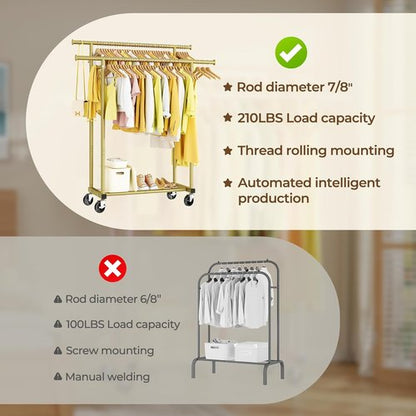 HYSEYY Double Rod Clothing Rack - Sturdy Portable Garment Rack for Bedroom & Laundry | Gold Finish