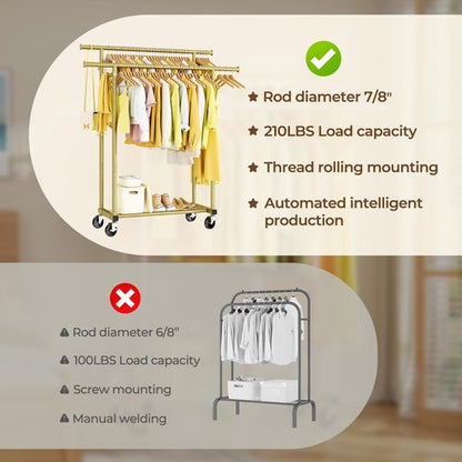 HYSEYY Double Rods Clothes Rack, Sturdy Rolling Clothing Rack, Portable Clothing Racks for Hanging Clothes - Metal Garment Rack Wardrobe Coat Rack for Bedroom Laundry Living Room, Gold