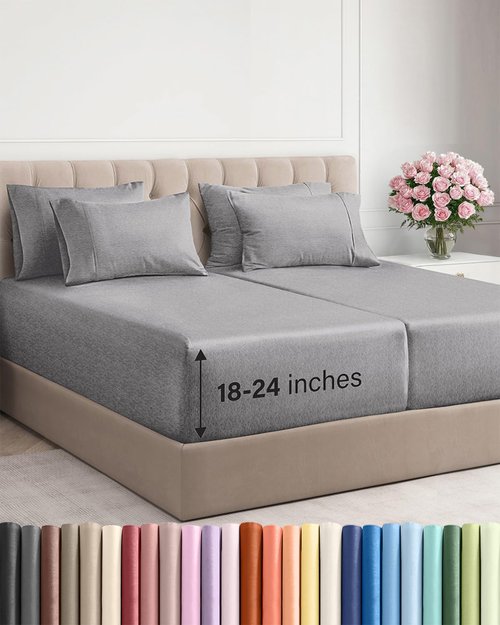 Extra Deep Split King Sheet Set - 7 Piece Breathable and Cooling Sheets - Hotel Luxury Bedding for Women, Men, Kids & Teens - Secure Fit - Soft and Wrinkle Free - Extra Deep Pockets - Heathered Grey