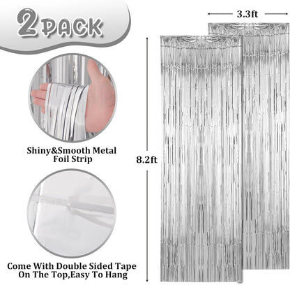 Voircoloria Silver Foil Fringe Backdrop Curtains - 2 Pack Tinsel Streamers for Parties & Celebrations