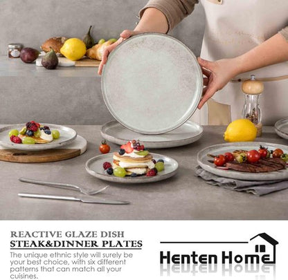 Henten Home 10-Inch Ceramic Dinner Plates - Set of 4 Fluted Round Porcelain Steak Plates | Scratch Resistant (Grey)