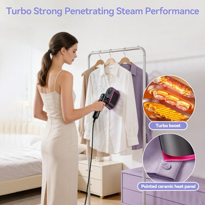 WISHBAY Portable Handheld Travel Steamer for Clothes, 2-in-1 Steamer & Iron 4 Modes LCD Display, Garment Steamer 1200W 15S Fast Heat-up 180ml Tank for 20Min Penetrating Steam Wrinkle Removal, 100-120V