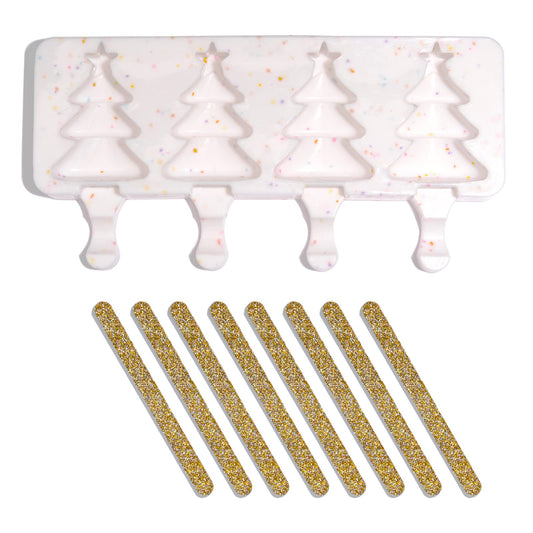 Fancy Sprinkles Mariah Tree Cakesicle Mold, 4 Cavities Reusable Silicone, For Baking & Dessert Decorating, Includes 8 Gold Glitter Acrylic Sticks (10.3” W x 0.8” H x 3.9” D)