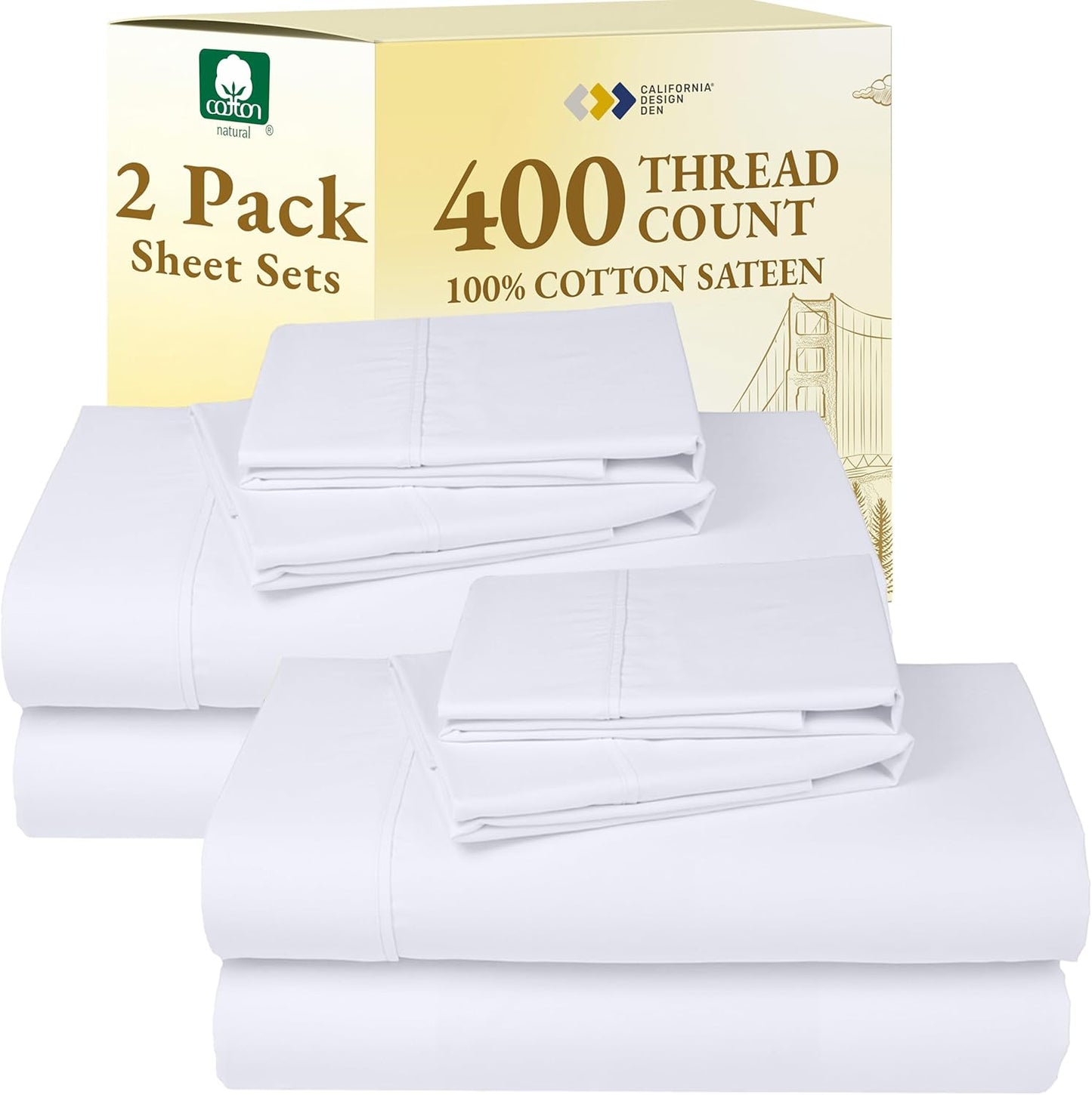 California Design Den Cal King Bedsheet Set - 400 Thread Count 100% Cotton | Soft, Breathable, Deep Pocket - White (2-Pack)