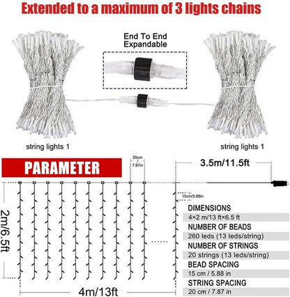 HEYFUNi Curtain Lights - 13ft x 6.5ft Warm White Icicle String Lights with 8 Modes for Holiday Decor