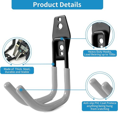 GeeWatom Garage Storage Hooks - Heavy-Duty Steel Wall Mount Tool Organizer - Large U Hooks (2 Pack) - Gray