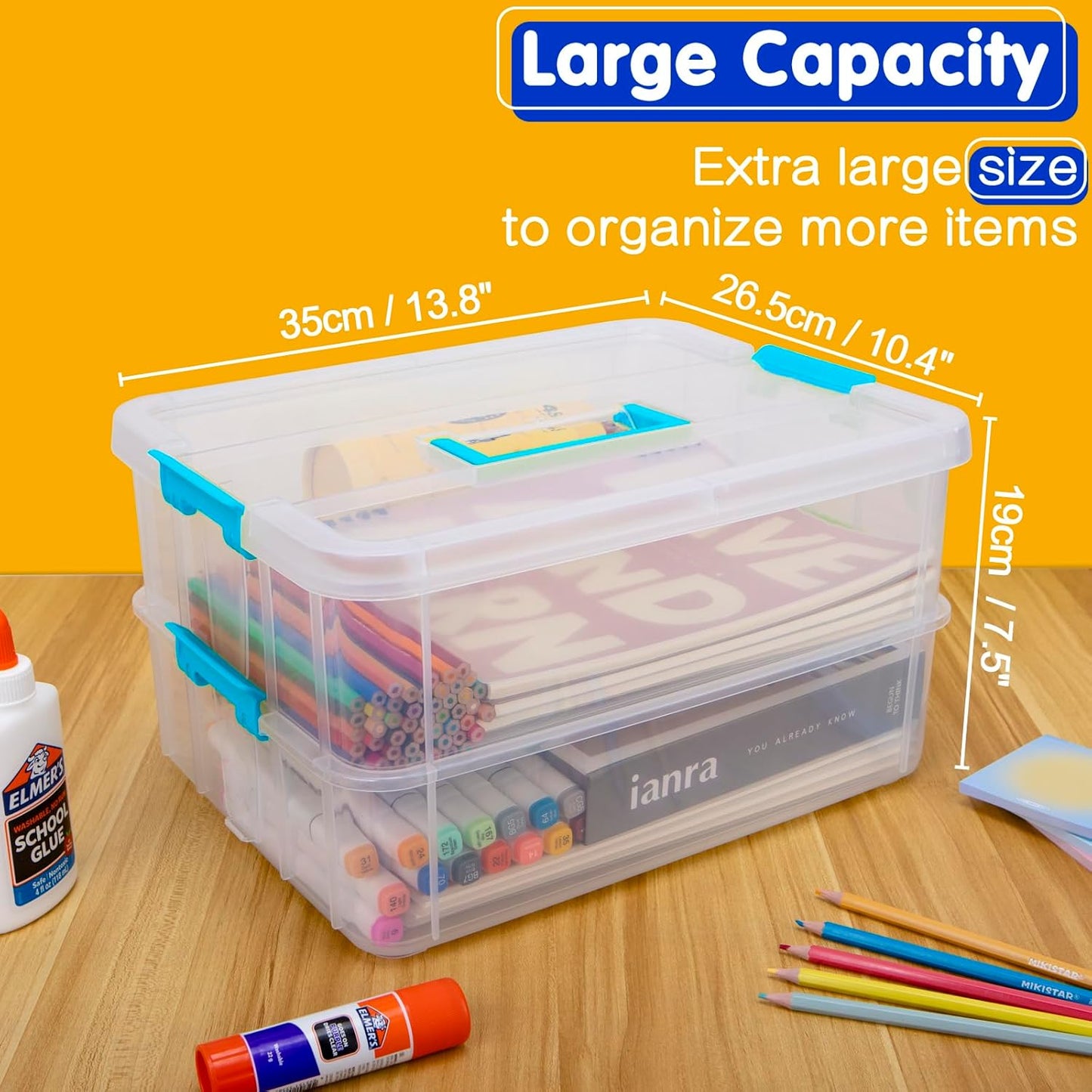 TERGOO Clear Plastic Storage Containers - 2 Layer Stackable Organizers for Crafts, Makeup & More | Portable Blue Bins