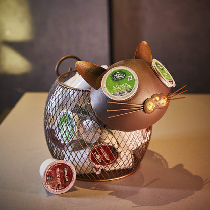 Aayla Cat K Cup Holder Metal Novelty Cat Coffee Pod Canister Large Capacity Basket Coffee Organizer for Kitchen Office and Coffee Bar