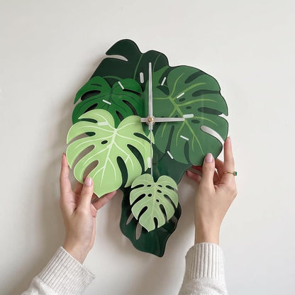 Leaf Wall Clock 15 Inch - Botanical Silent Pendulum, Non-Ticking, Green Variation