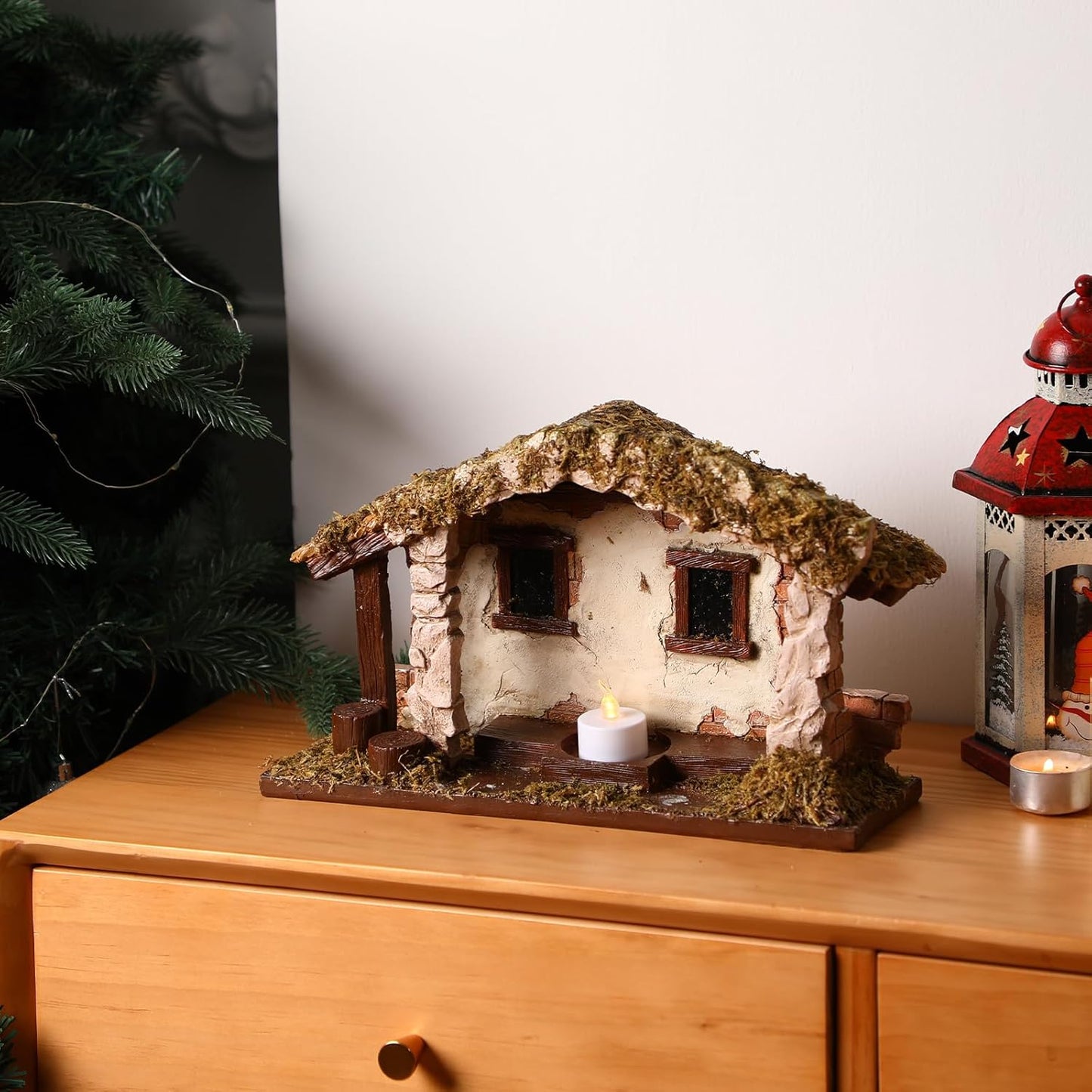 Barydat Christmas Nativity Stable - 10 x 7.87 x 5 Inch Resin Creche with Realistic Moss Roof | Beautiful Holiday Decor