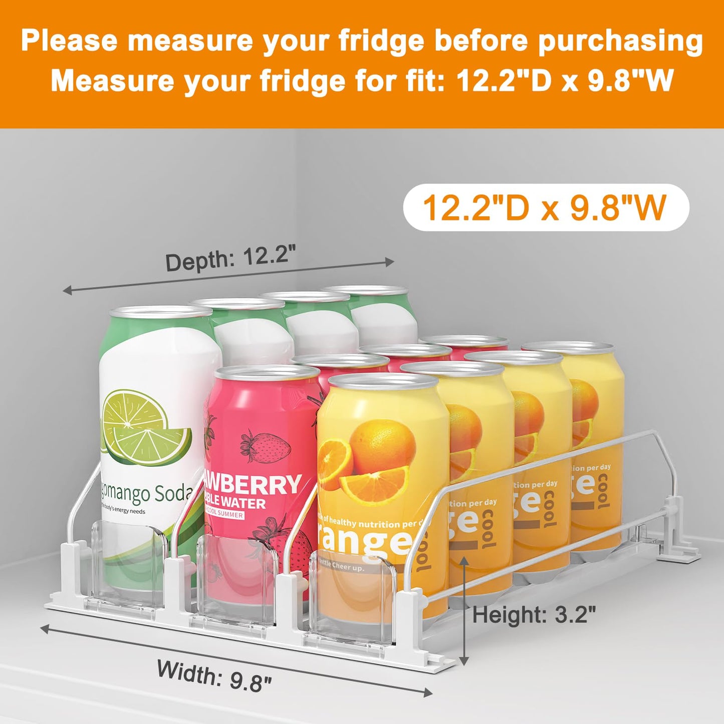 LOTAFEE Drink Organizer for Fridge - Soda Dispenser with Smooth and Fast Pusher Glide - Width Adjustable Beer Can Water Bottle Drink Dispenser for Fridge (3 rows, 9.8"X12.2"X3.2")