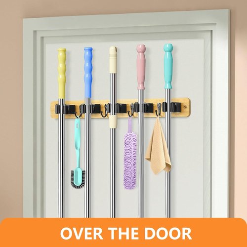 IMILLET Broom Holder Wall Mount - Bamboo Mop Hanger with 5 Racks & 4 Hooks | Home Organization Solution