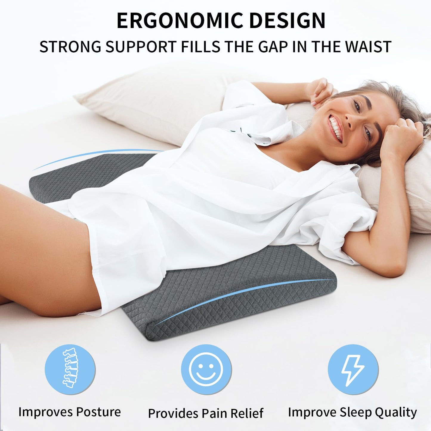 Eiury Lumbar Support Memory Foam Pillow - Suitable for side, back, and stomach sleepers, helping to alleviate lower back pain - Triangular Wedge Long Pillow Grey