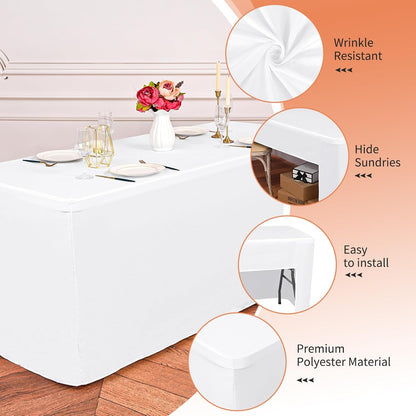 Regine Switzerland 4 Pack White Fitted Tablecloths - Washable Polyester for 6 Foot Rectangle Tables (72" x 30") | Perfect for Weddings, Parties, and Events