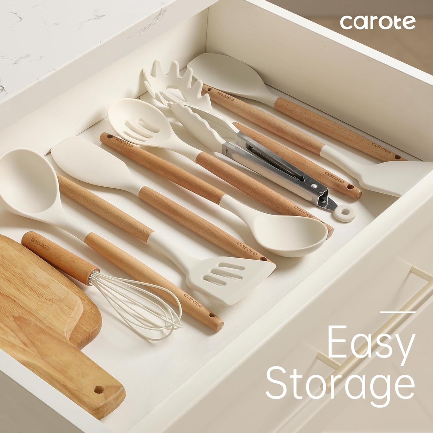 CAROTE Silicone Cooking Utensils Set - 10 Pcs BPA-Free Kitchen Tools with Heat-Resistant Wood Handles | Cream White