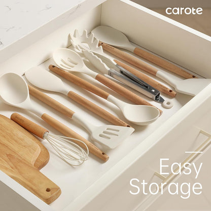 CAROTE Silicone Cooking Utensils Set - 10 Pcs BPA-Free Kitchen Tools with Heat-Resistant Wood Handles | Cream White