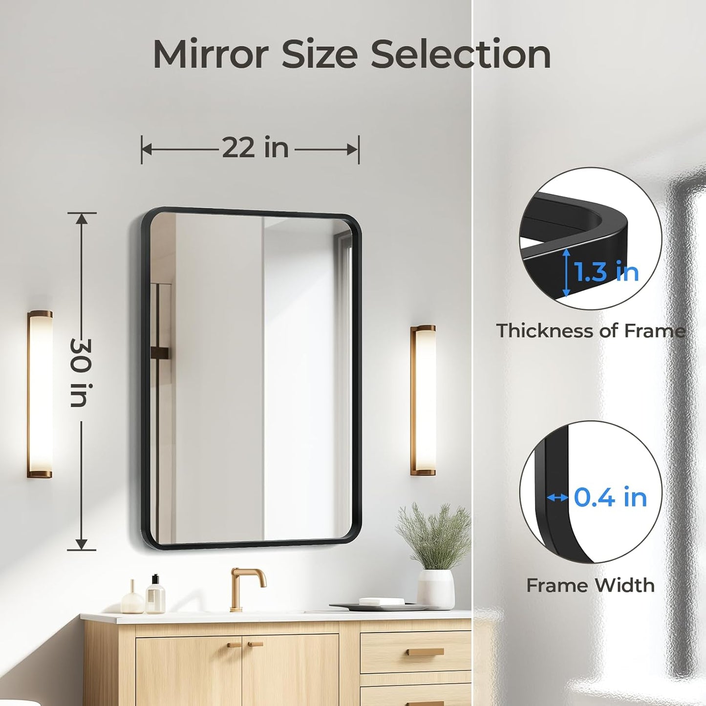 USHOWER Black Bathroom Mirror - 22 x 30 Inch Matte Rectangle Mirror with Rounded Metal Frame