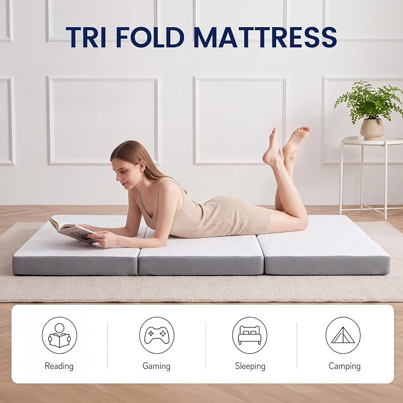 White 6 Inch Tri-Fold Memory Foam Mattress topper - Foldable Guest Bed for Camping