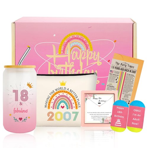 18th Birthday Gifts for Girls, Trendy 18 Year Old Girl Gift Ideas for Her Daughter Niece Adults Women, Happy 2007 Birthdays Decorations Female Presents Basket Glass Cup Sock Makeup Bag Necklace