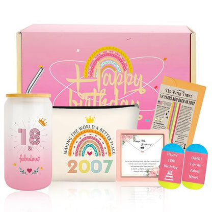 18th Birthday Gifts for Girls, Trendy 18 Year Old Girl Gift Ideas for Her Daughter Niece Adults Women, Happy 2007 Birthdays Decorations Female Presents Basket Glass Cup Sock Makeup Bag Necklace
