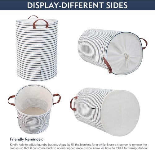 DOKEHOM 20-Inch Freestanding Laundry Basket - Collapsible Drawstring Hamper with Lid & Handle | Blue Stripe