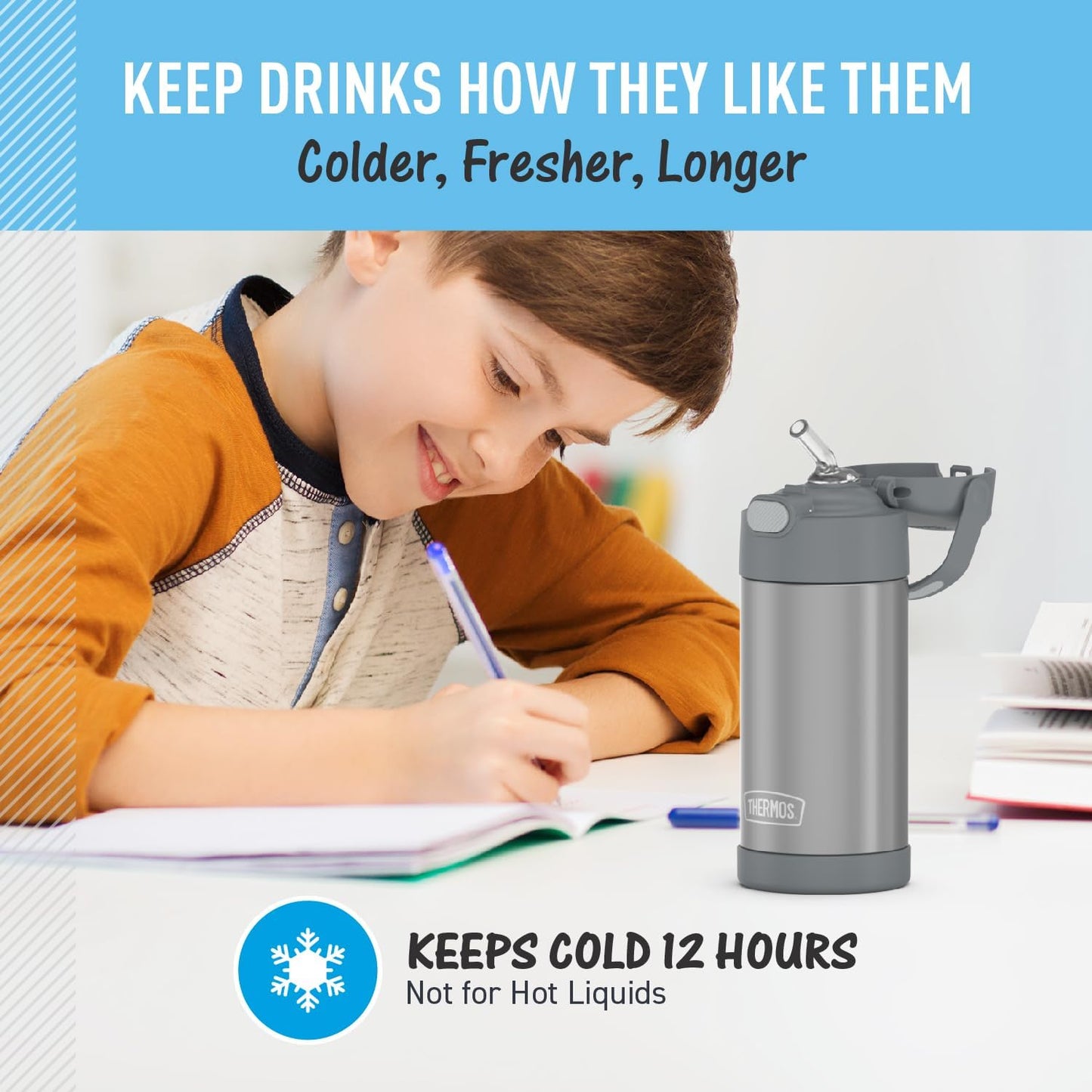 THERMOS FUNTAINER Water Bottle - 12 Ounce Kids Stainless Steel Vacuum Insulated with Straw - Grey