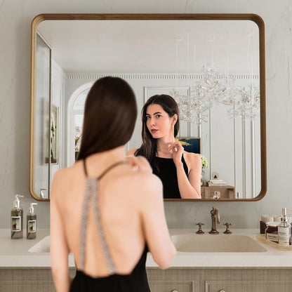 LOAAO Bathroom Mirror - 40x24 Inch Rounded Rectangle Design with Wood Grain Metal Frame | Anti-Rust, Versatile Hanging Options