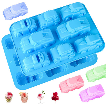 Joyeee Silicone Sports Car Soap Mold, 1Pcs 8 Cavity Train Bus Cars Pure Silicone Mold Tray, Kids Birthday Cake Pan Tray for Jelly Pudding Fondant Hard Candy Fat Bombs Resin, Making Kids Favor, 32.5 CM