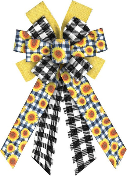 ABTOLS Large Spring Bows - Black & White Buffalo Plaid | Yellow Floral Wreath Decor for Indoor & Outdoor Use