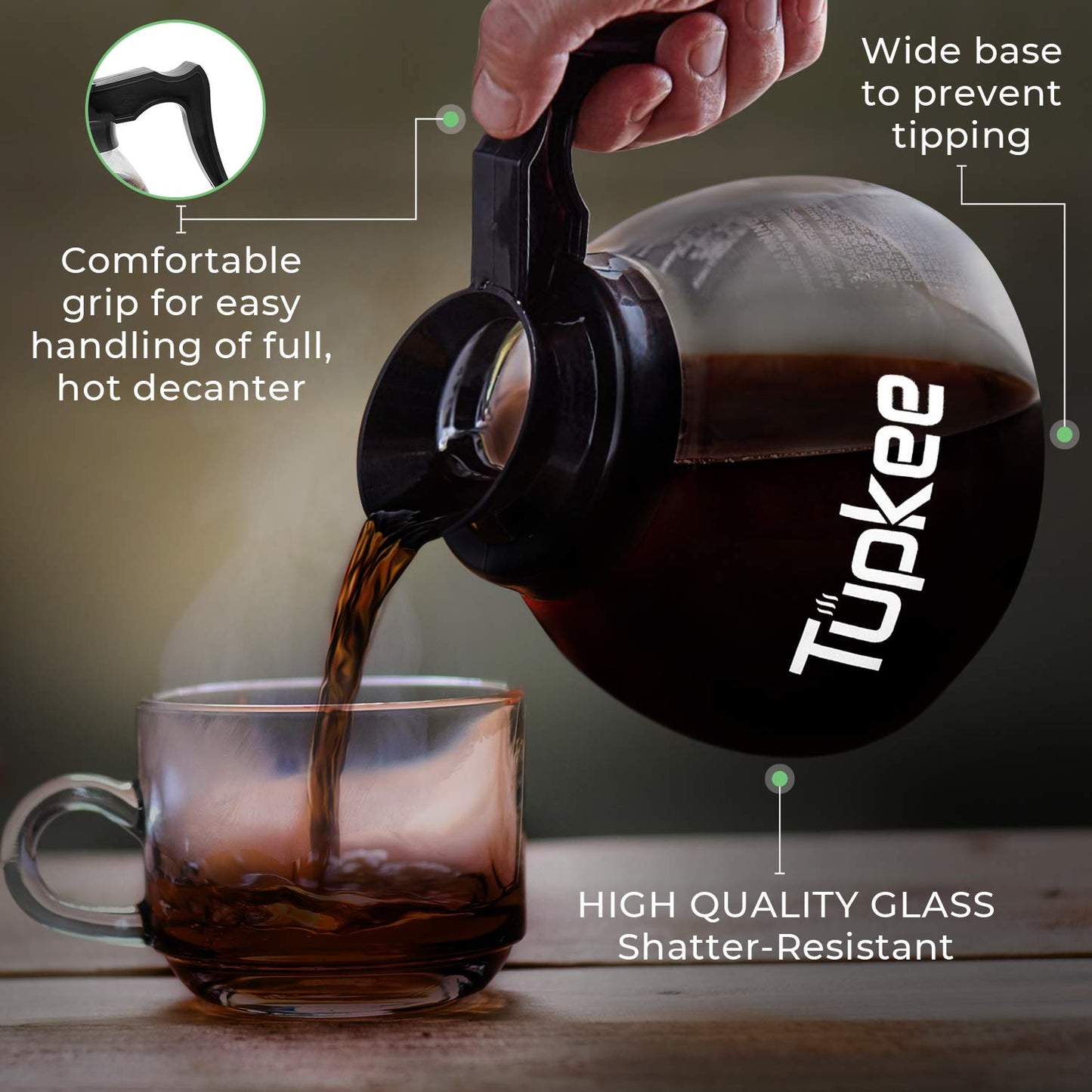 Tupkee Commercial Coffee Pot Replacement - SHATTER-RESISTANT Restaurant Glass Decanter Carafe - 64 oz 12 Cup, Black Handle/Regular, Compatible with Wilbur Curtis, Bloomfield, Bunn Coffee Pot