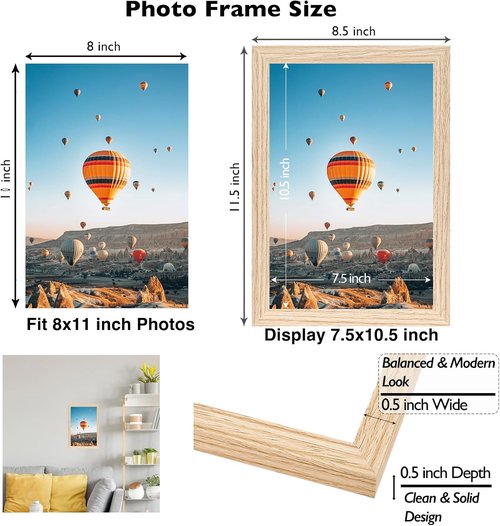JCJMY 8x11 Picture Frame - Versatile Wall & Tabletop Display | Natural Finish for Horizontal or Vertical Mounting